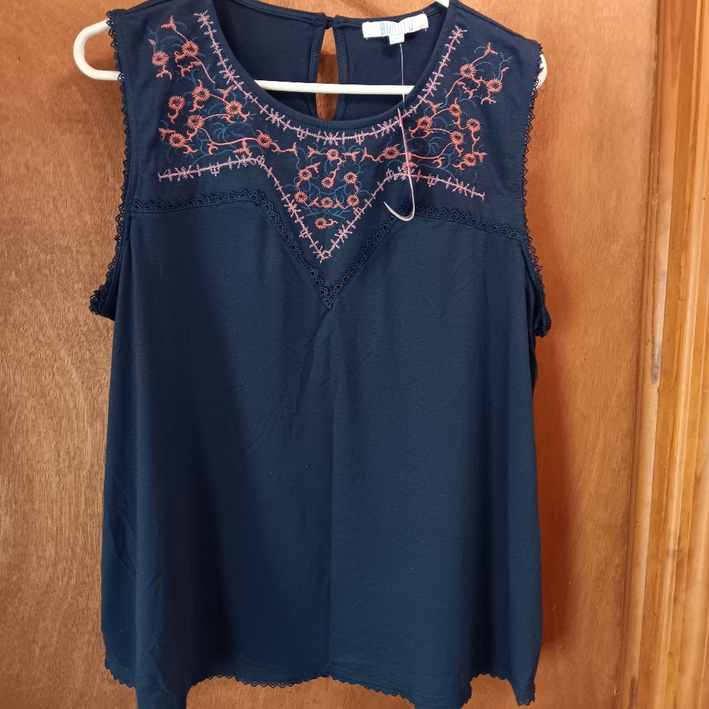 Bunulu Sleeveless Embroidered Navy Top with Pink Detail -